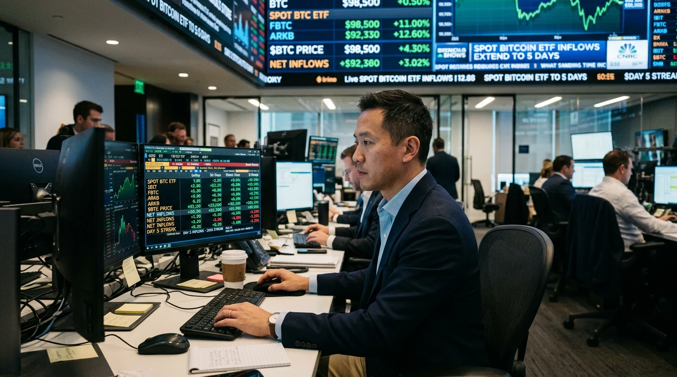 Spot Bitcoin ETFs just extended their inflow streak to five consecutive days — the first time that's happened in 2026.