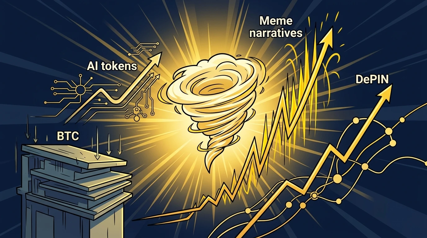 Meme narratives are up +31.37% in 7 days. DePIN up +25.00%. AI tokens up +17.40%. Meanwhile, BTC is flat-to-down.