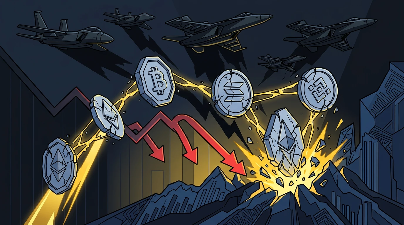 Trump's Iran threat sent crypto into a synchronized risk-off dump: BTC fell to $66,056 (-3.35%), SOL dropped -6.08%, and BNB shed -6.35% as geopolitical fear hit every risk asset at once.