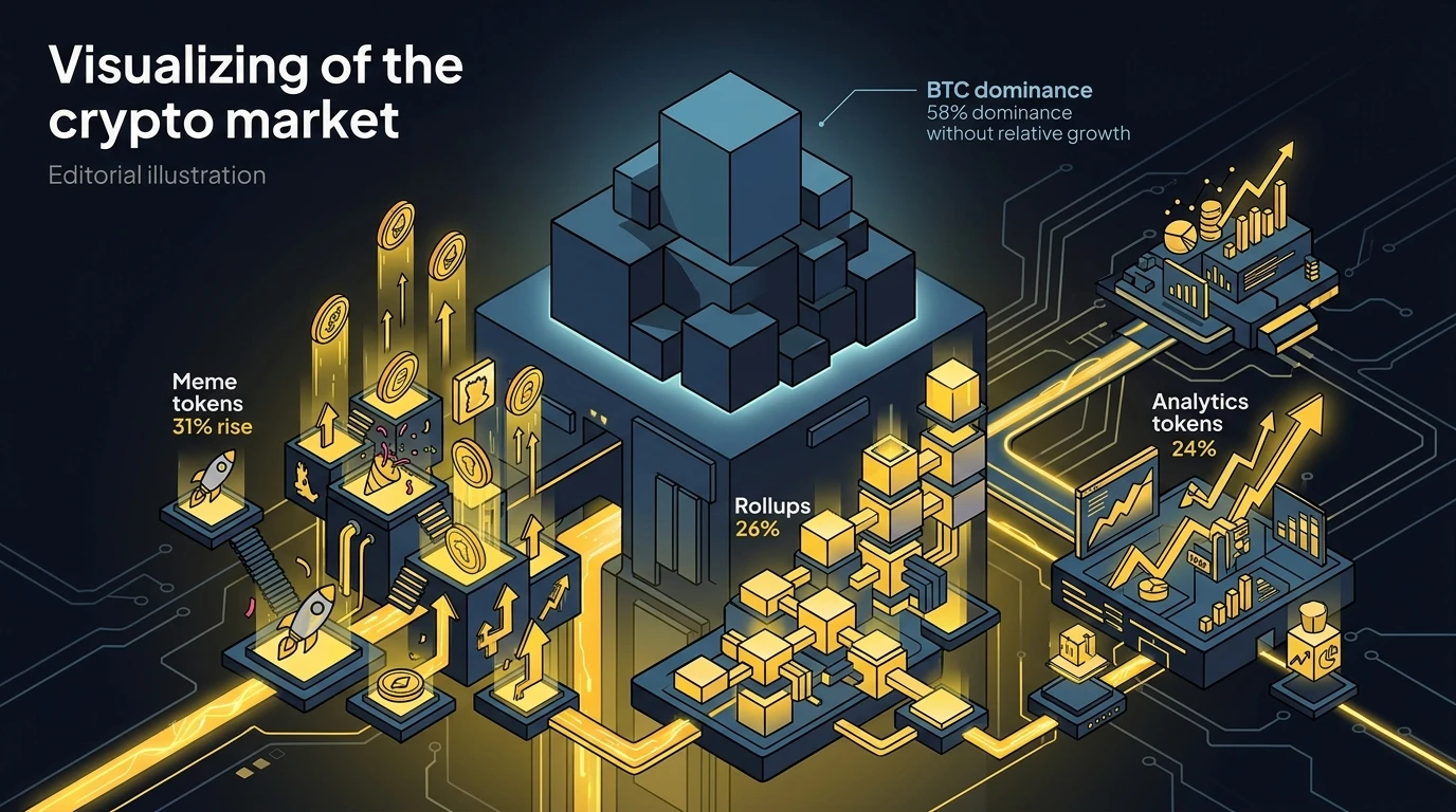 Meme tokens are up 31% in 7 days. Rollups up 26%. Analytics tokens up 24%. Meanwhile BTC dominance sits at 58% — barely moving.