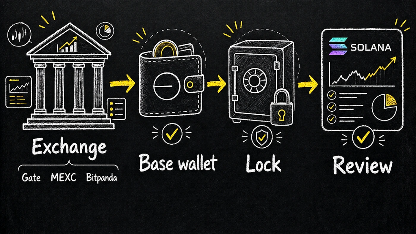 TMAI Exchange Holder Migration Path Is Open 2 Blackboard diagram showing the exchange holder migration flow from exchange to Base wallet to token lock to Solana payout review.