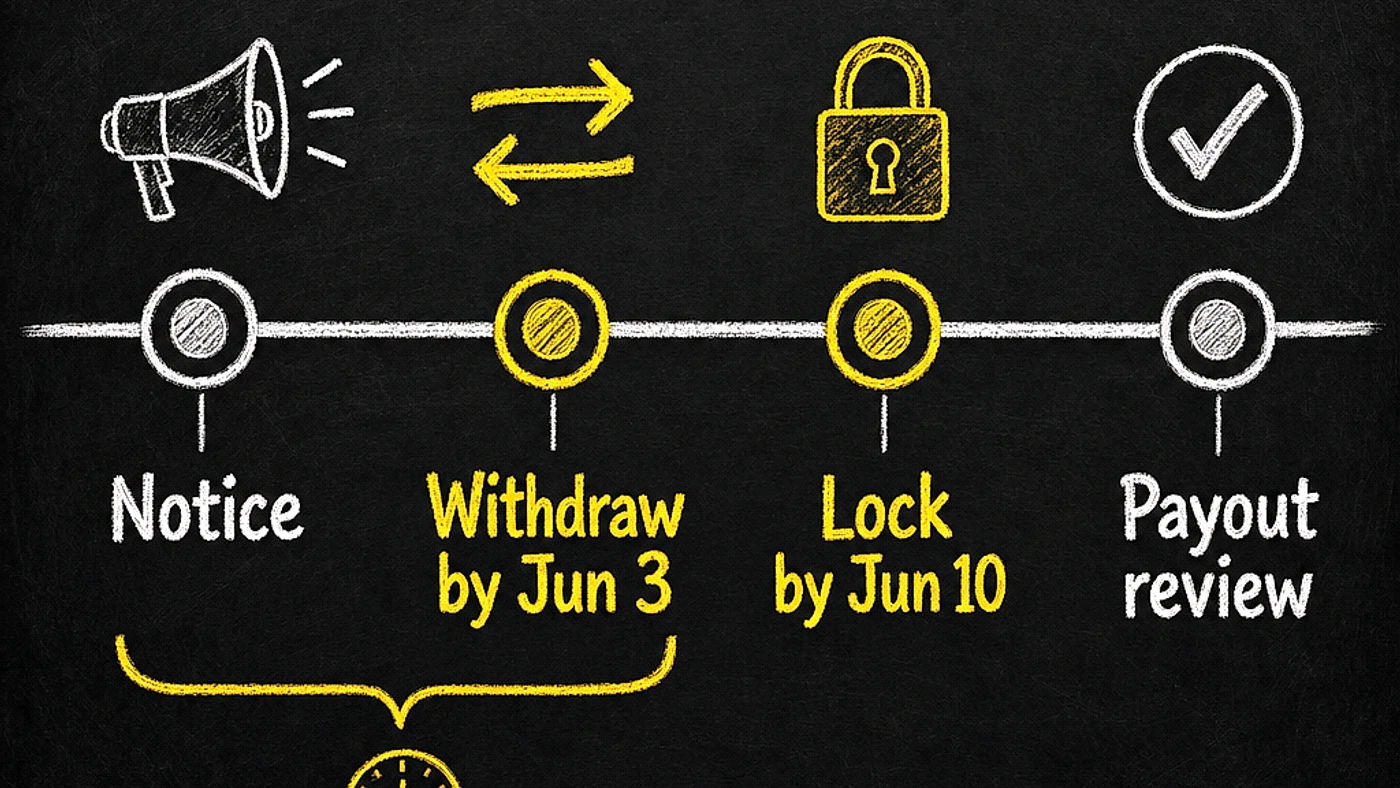 TMAI Exchange Holder Migration Path Is Open 3 Blackboard timeline diagram showing the exchange TMAI withdrawal cutoff on June 3 and lock cutoff on June 10 before payout review.